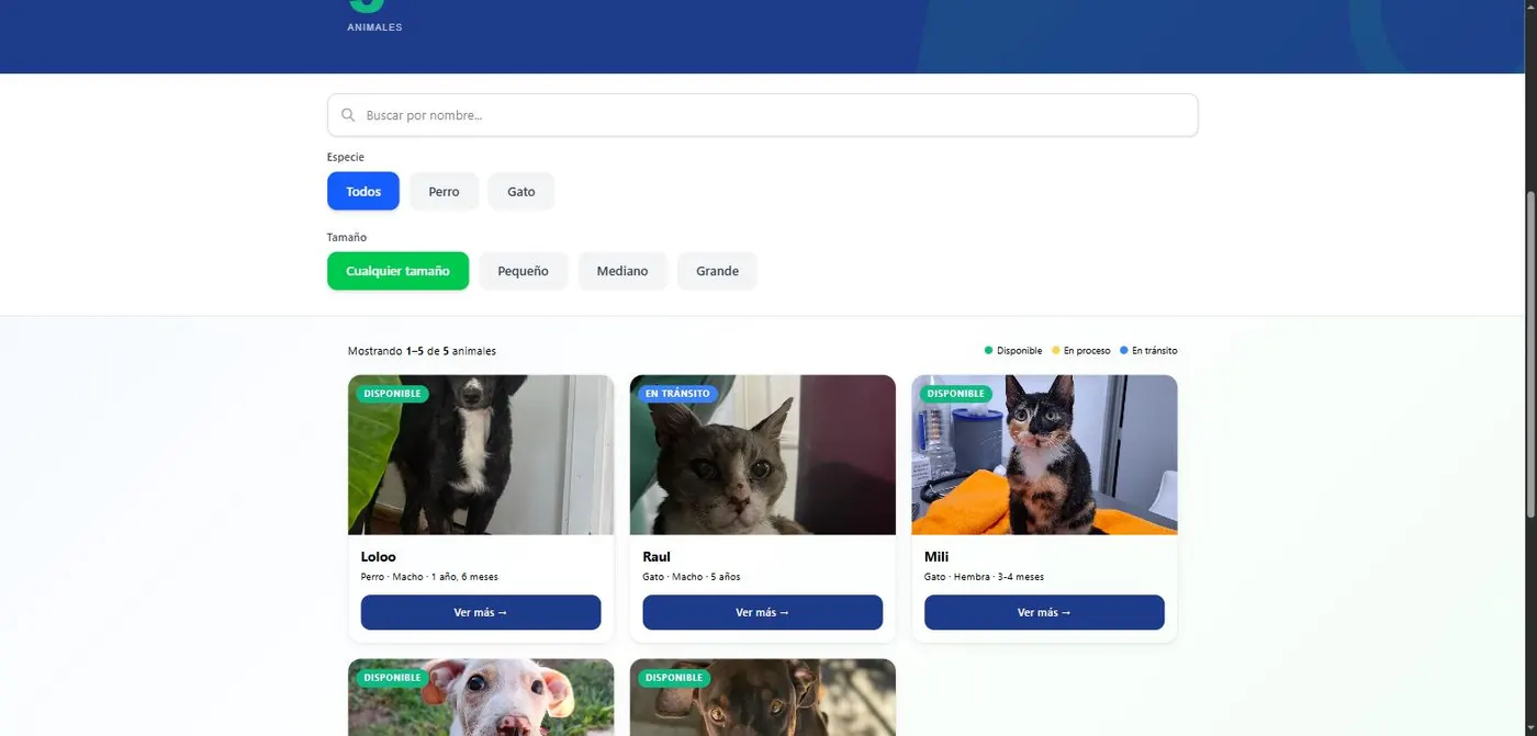 Catálogo de animales en adopción con su estado