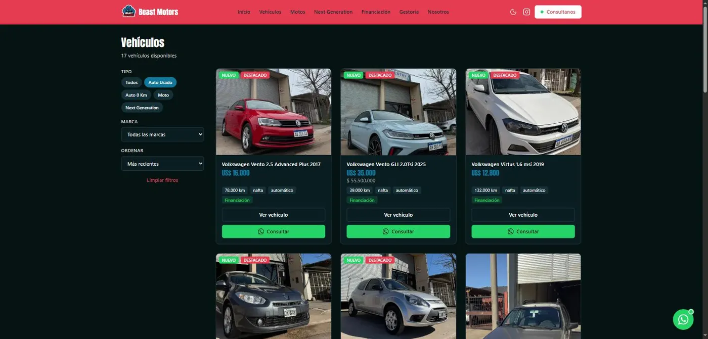 Catalogo de Beast Motors con autos usados y sus precios