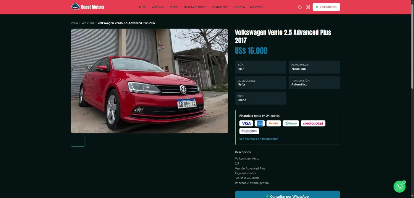Ficha de un vehiculo con precio, datos y opciones de financiacion