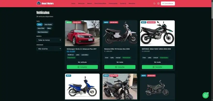 Los filtros del catalogo cambiando entre todos, motos, 0km y usados